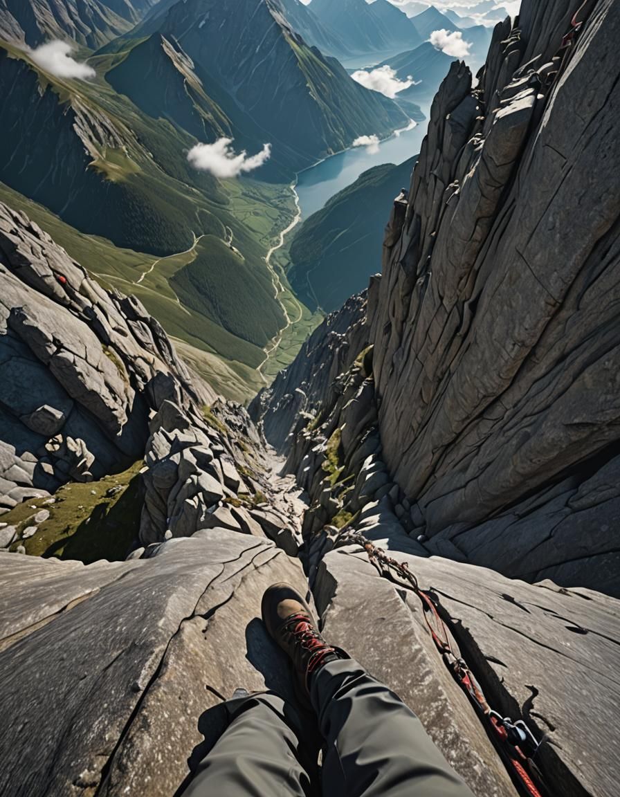 Climber's Footsteps on a Narrow Mountain Ridge