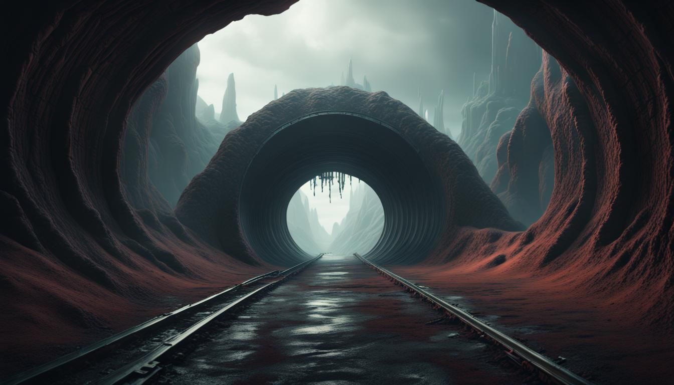 Alien World: Dark Tunnel with Strange Life