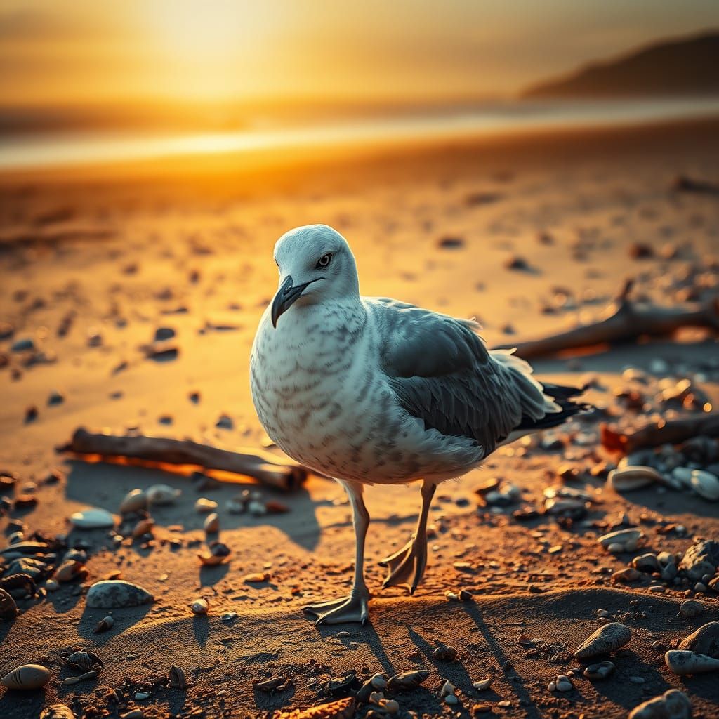 Seagull on Weathered Beach in Hyperrealist Style