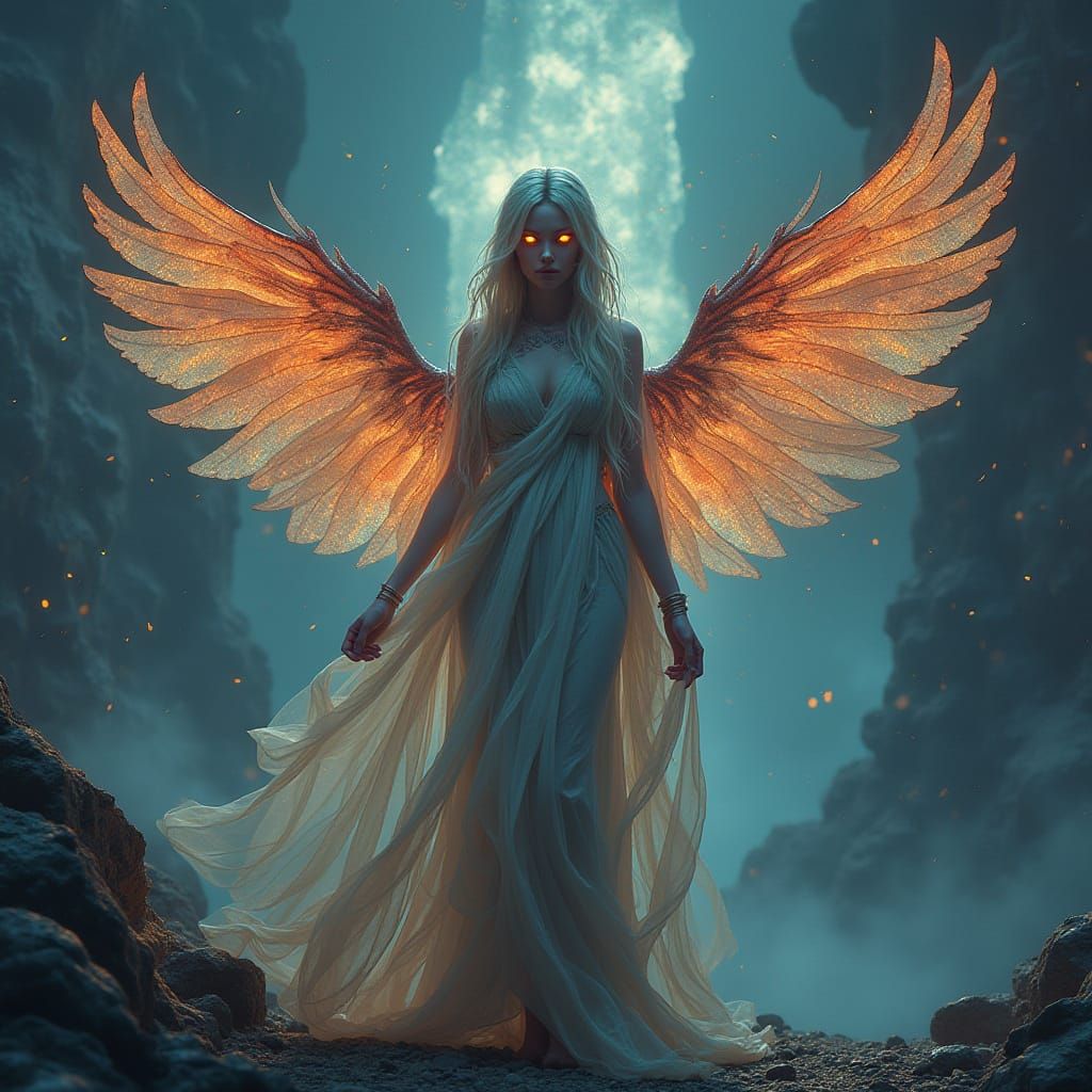 Mystical Goddess with Iridescent Wings and Fiery Eyes