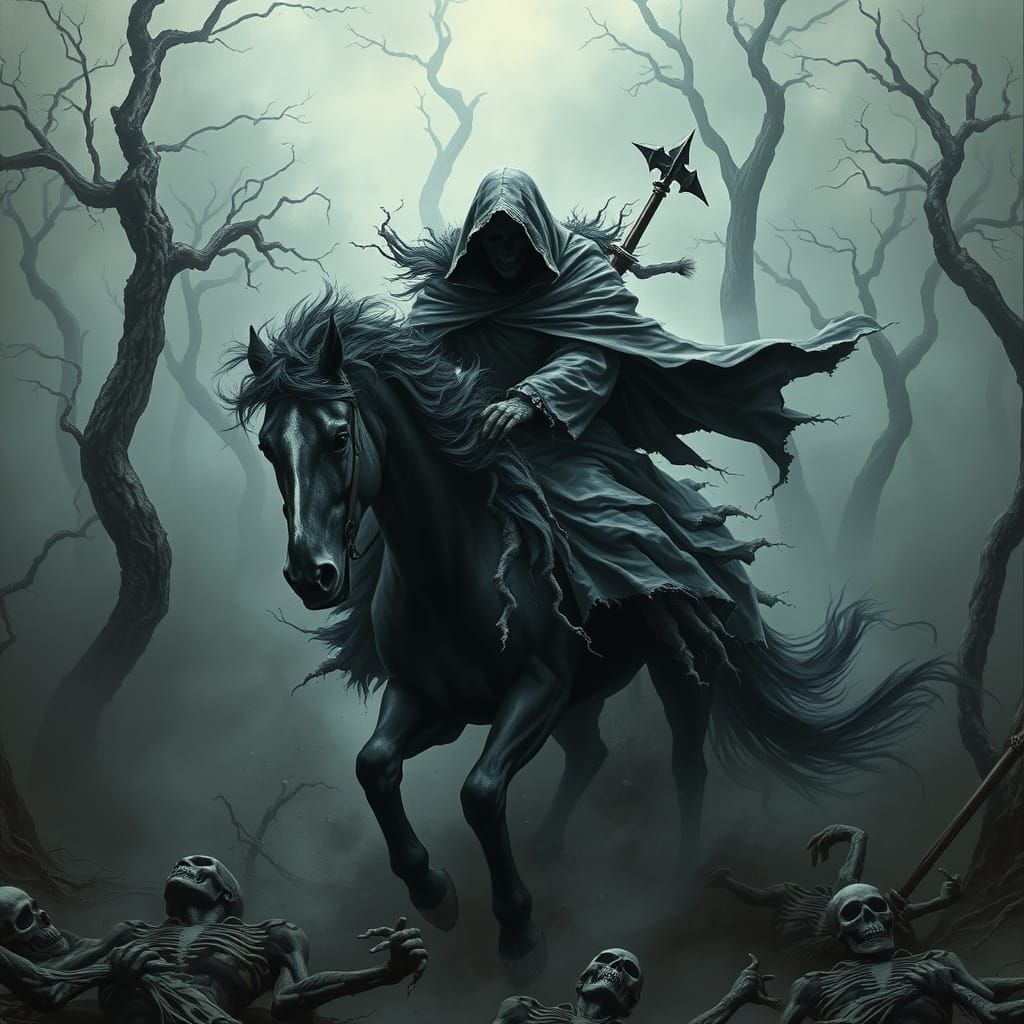 Grim Reaper Rides Through Dark Gothic Forest