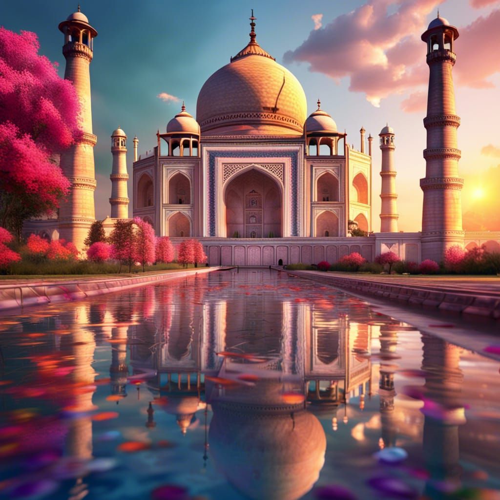 Colorful Sunset at Taj Mahal: Photorealistic Spring Bloom