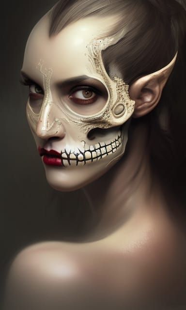 Skull Mask Woman Portrait in Hyperdetailed Style