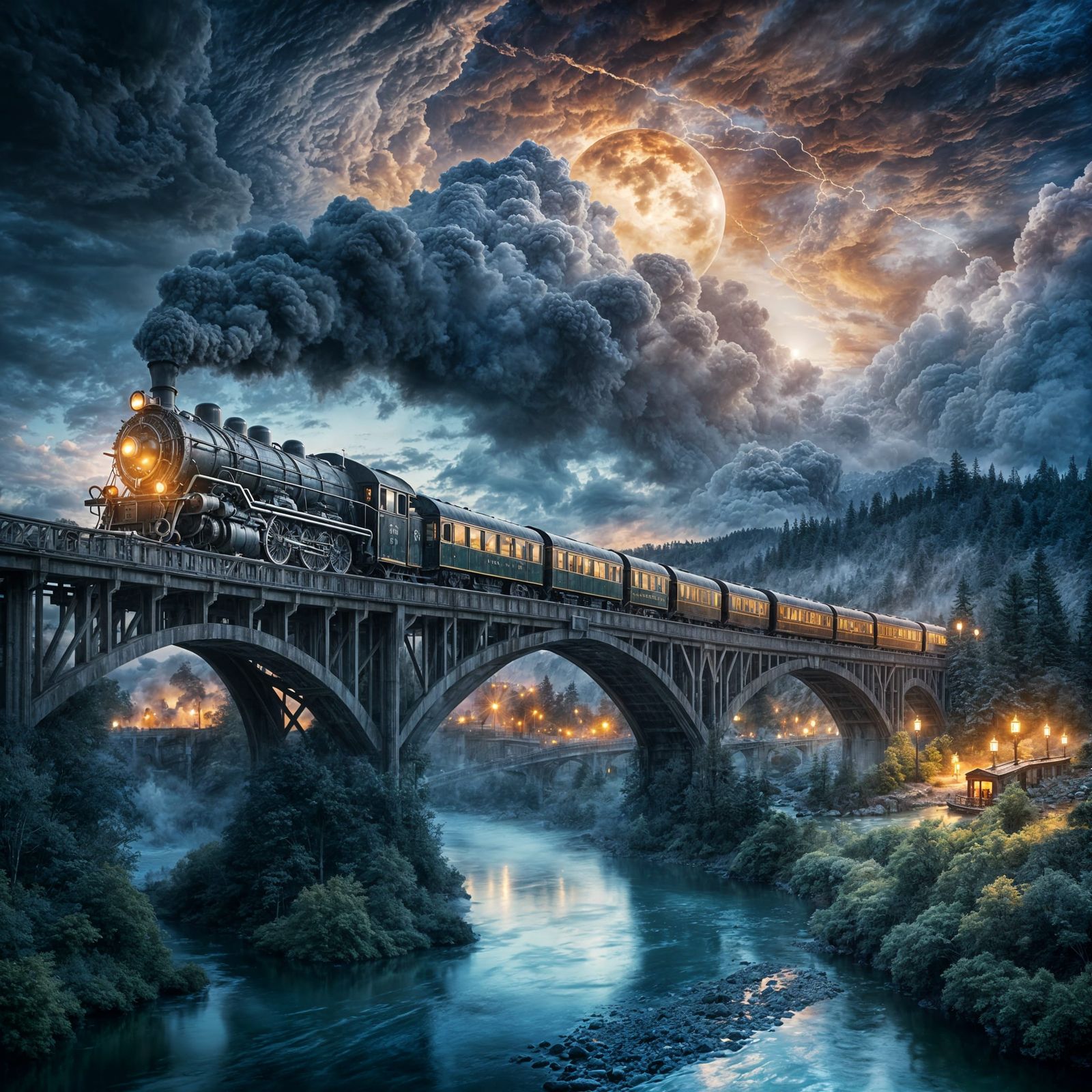 Majestic Twilight Train Crossing Bridge - Hyper-Detailed