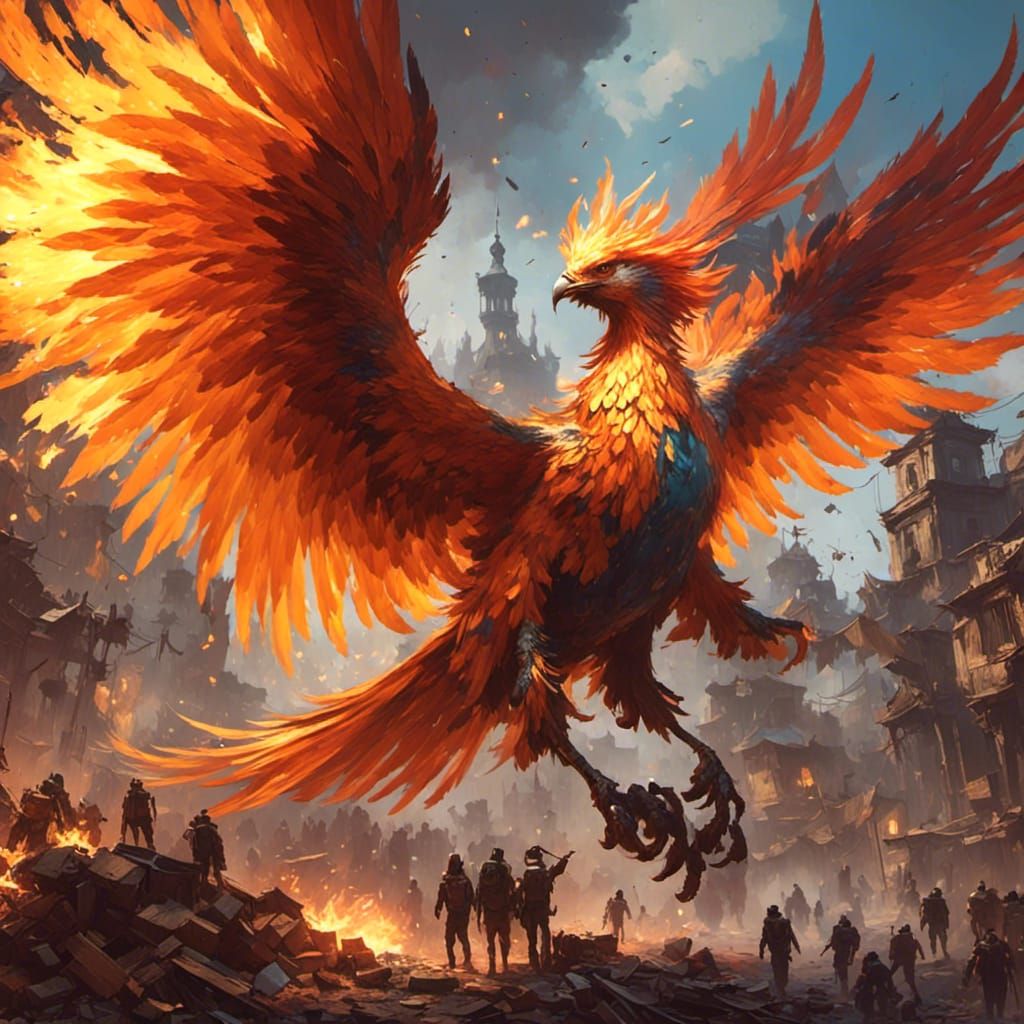 Fiery Phoenix Rising from Ashes in Glory