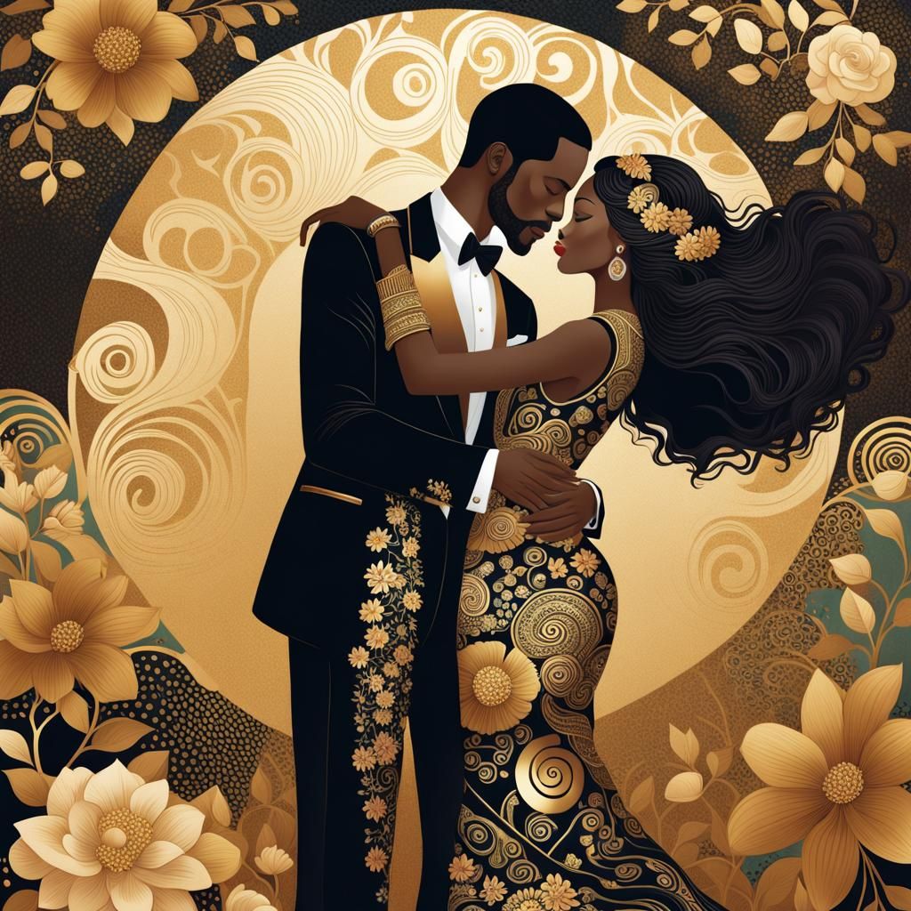 Elegant African American Couple in Klimt-Inspired Illustrati...