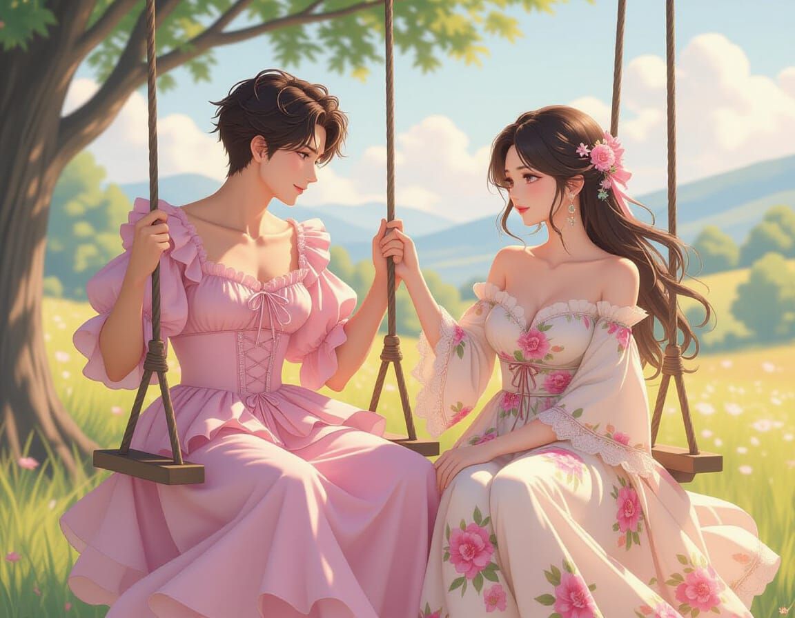 Anime Style Man on Swing in Pink Dress