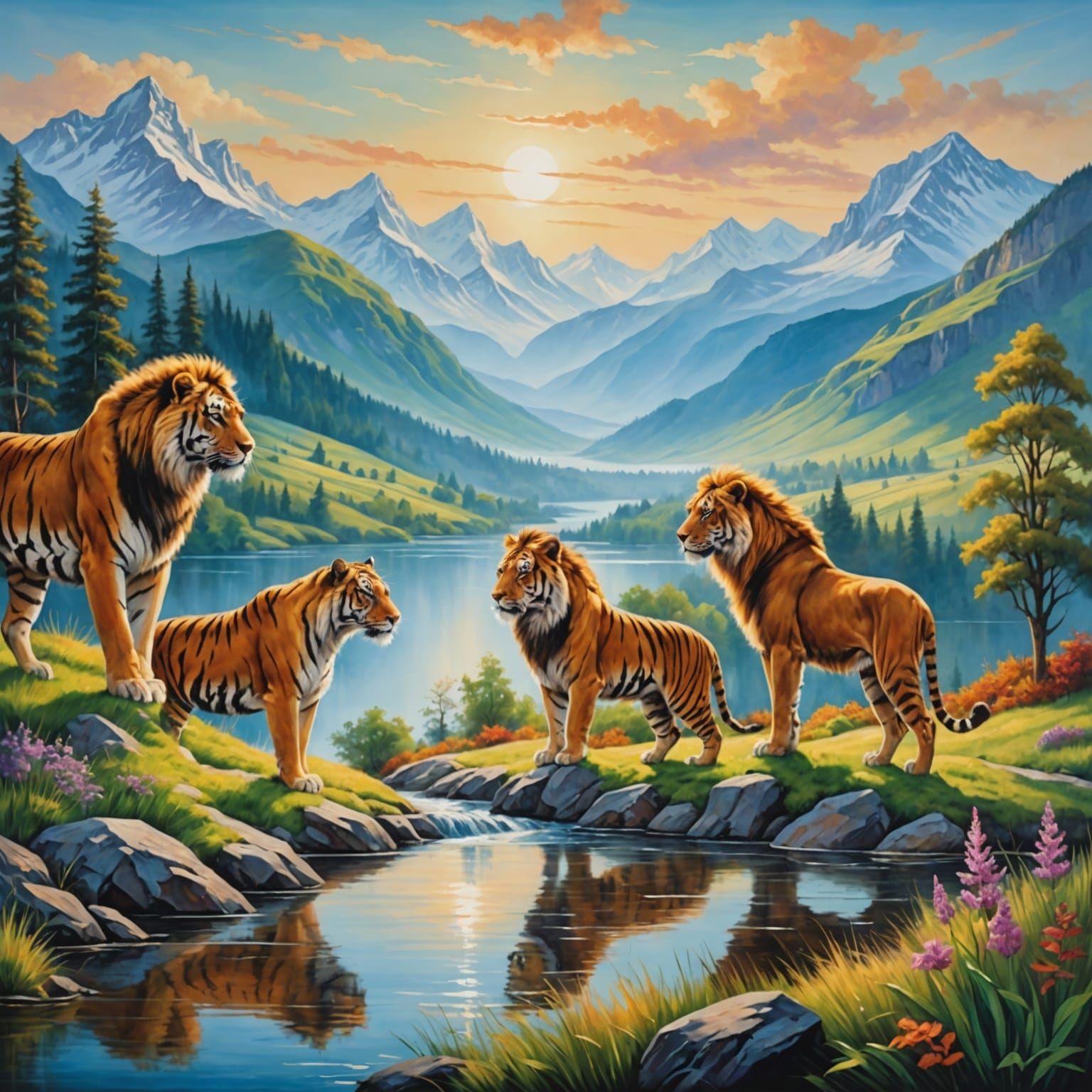 Harmonious Animals in Breathtaking Landscape Oil Painting