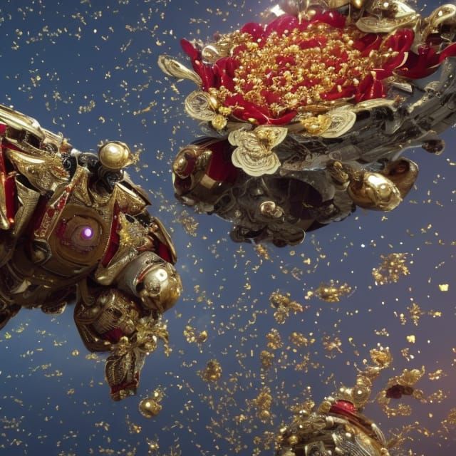 Metallic Rose with Robotic Bees in Sci-Fi Style