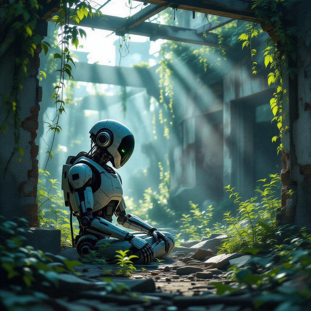 Weathered Android in Ruined City with Ethereal Glow