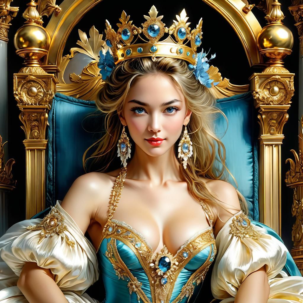 Joyful Queen on Throne in Arthur Rackham Style