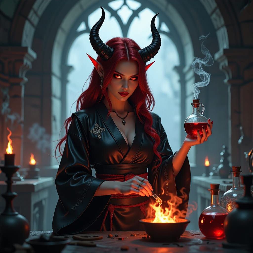 Tiefling Alchemist Mixing Explosives in Gothic Laboratory