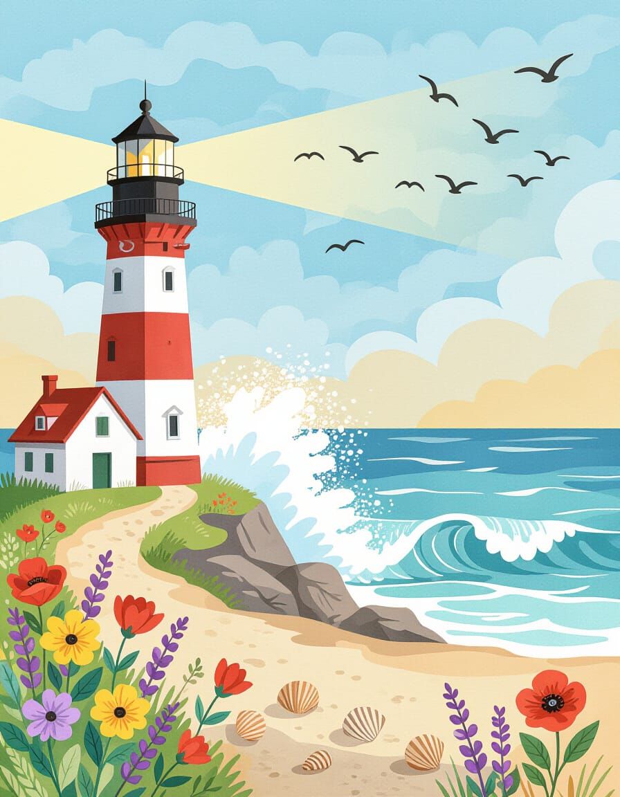 Watercolor Lighthouse with Wildflowers and Seashells