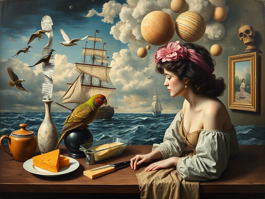 Surrealistic Portrait of a Woman in a British Romantic Marin...