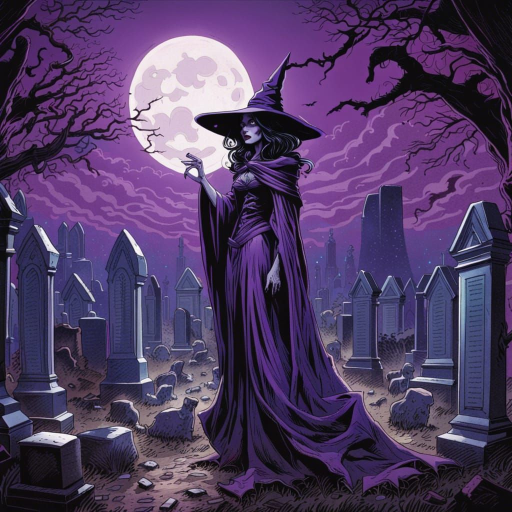 High Gothic Witch in Cemetery, Comic Book Art