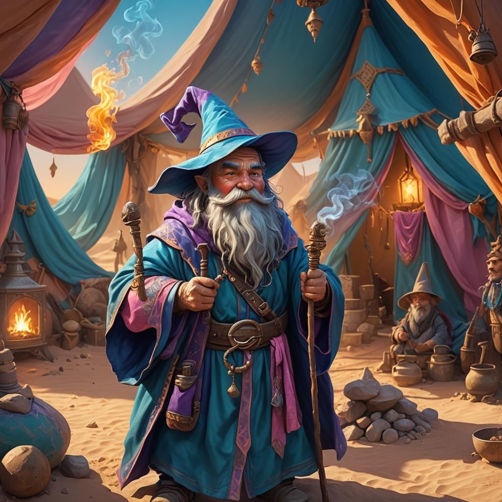 Dwarf Wizard in Desert Tent: Fantasy Concept Art