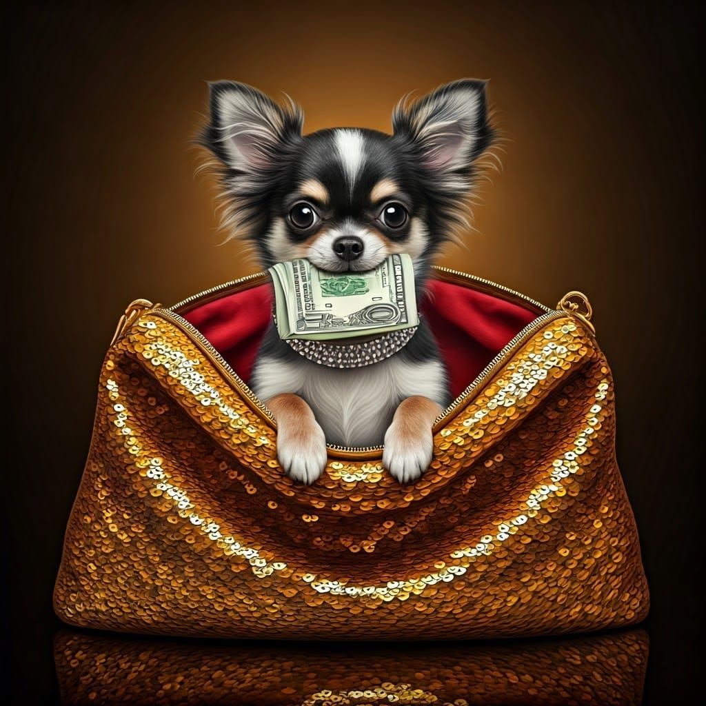Tiny Chihuahua in Opulent, Gold Sequin Bag with Dollar Bills