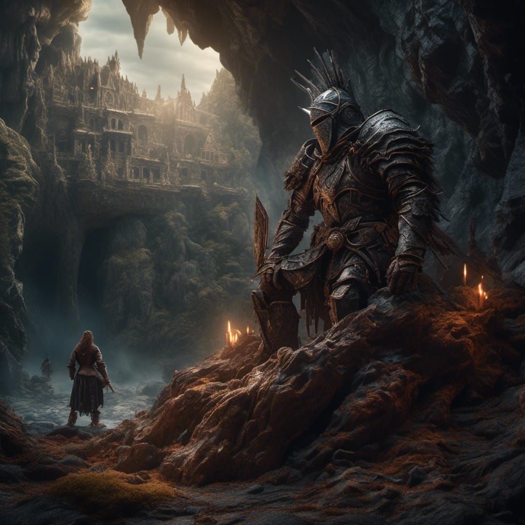 Wounded Knight Stands on Cave Troll, Hyperreal Art