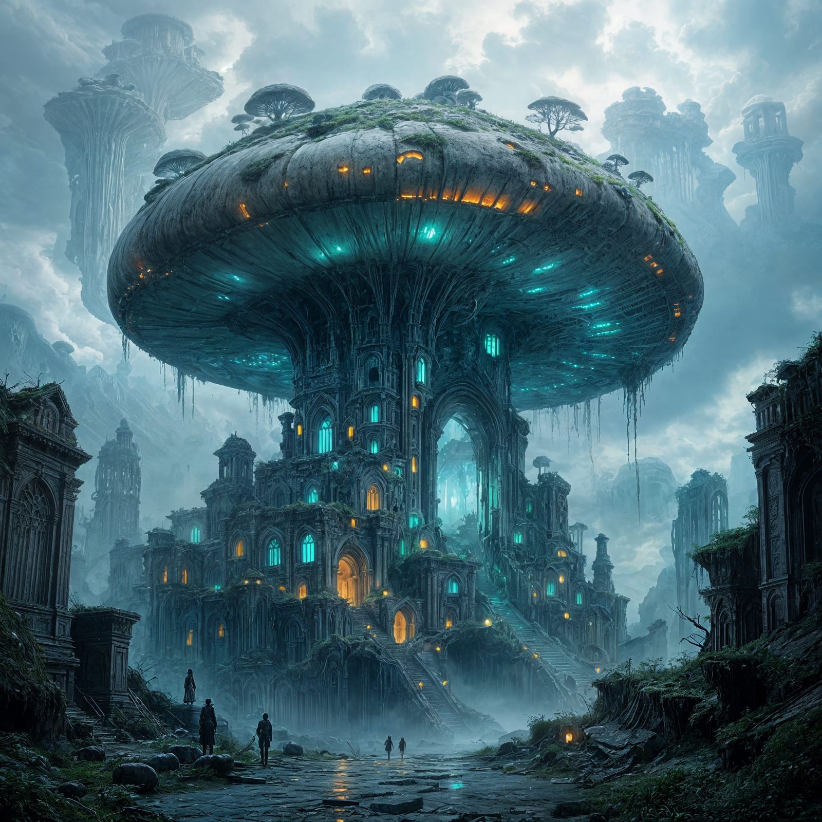 Abandoned City on Giant Mushroom, Bioluminescent Flora
