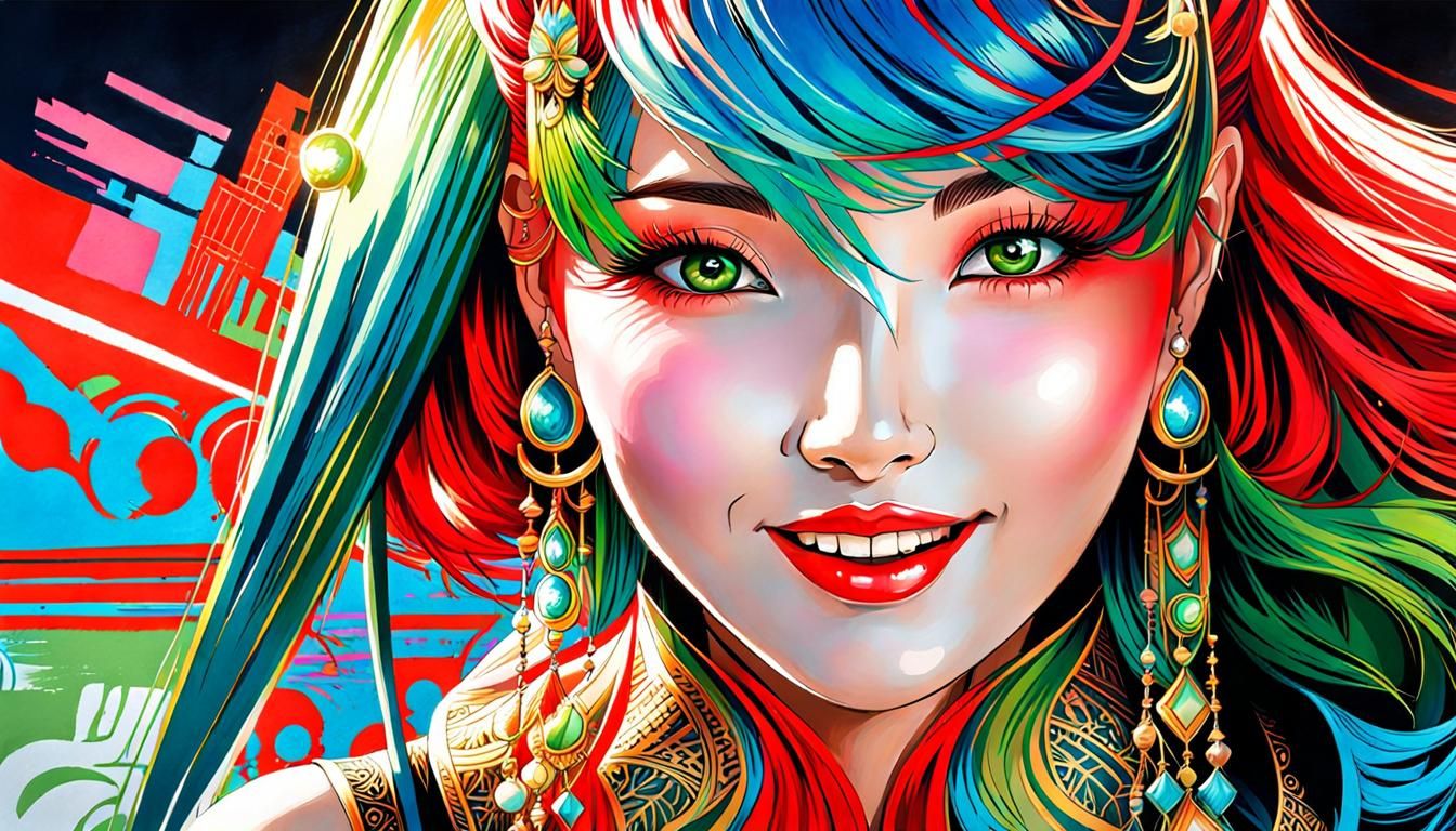 Asian Woman with Red Hair in Graffiti Art Style