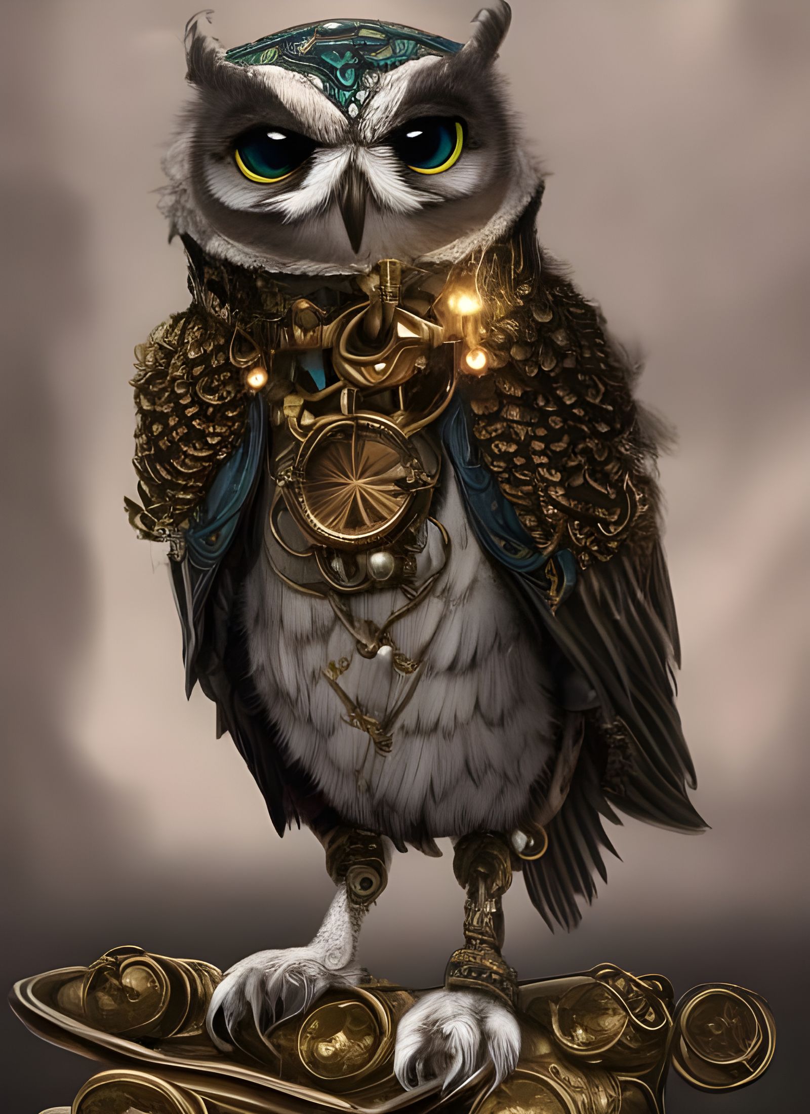 Ornate Steampunk Snowy Owl in Teal and Gold