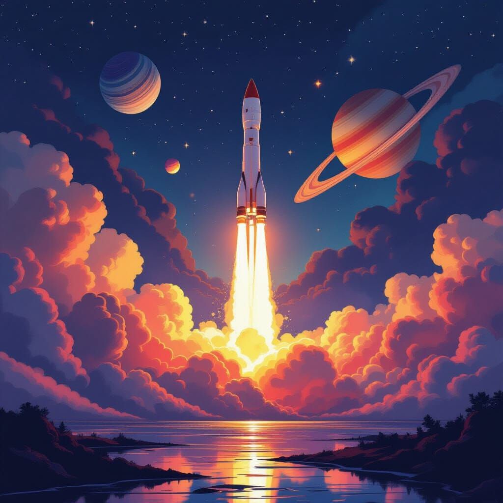 Explosive Rocket Launch in Space, Impressionistic Style