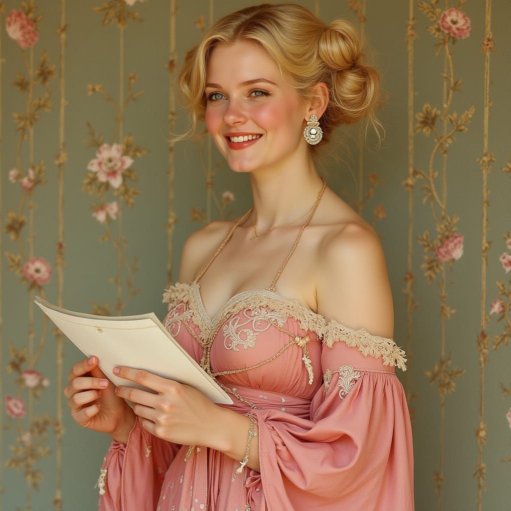Elegant Woman with Letter, Art Nouveau Style