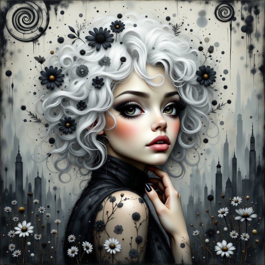 Ethereal Woman with Black Daisies in Digital Art