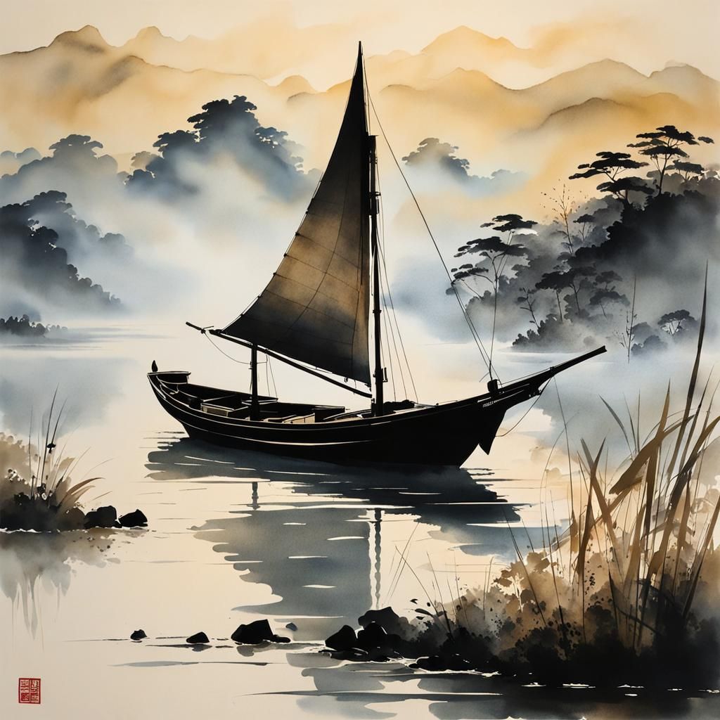 Traditional Sailboat in Chinese Ink Painting Style