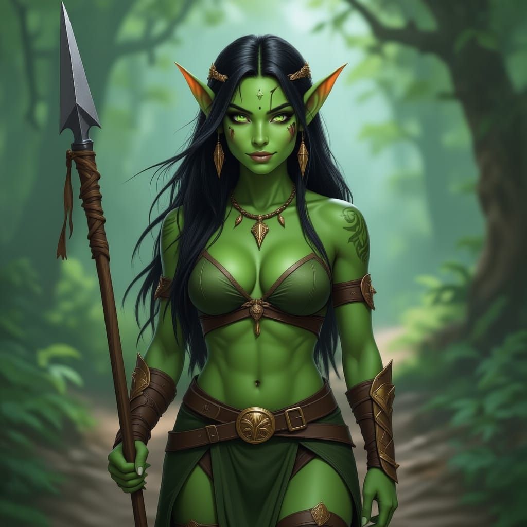 Female Goblin Warrior With Spear in Forest