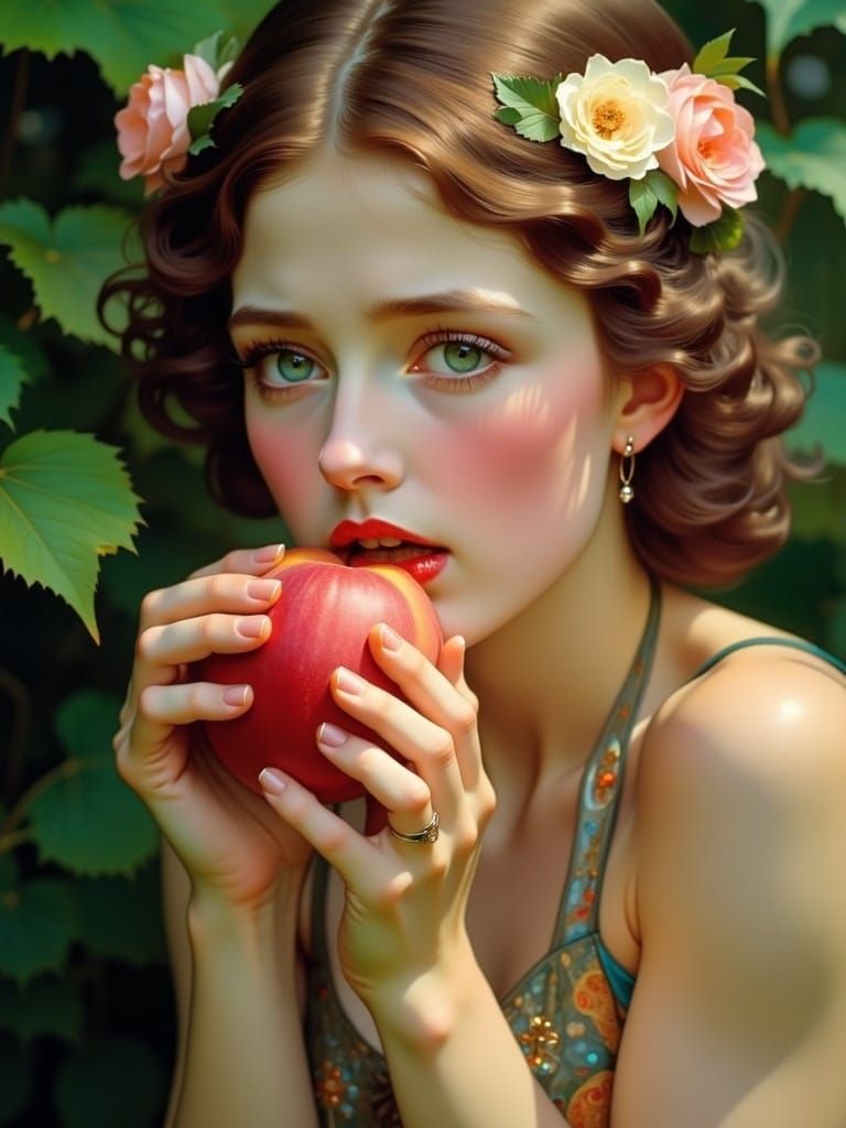Girl Bites Peach in Art Nouveau Style