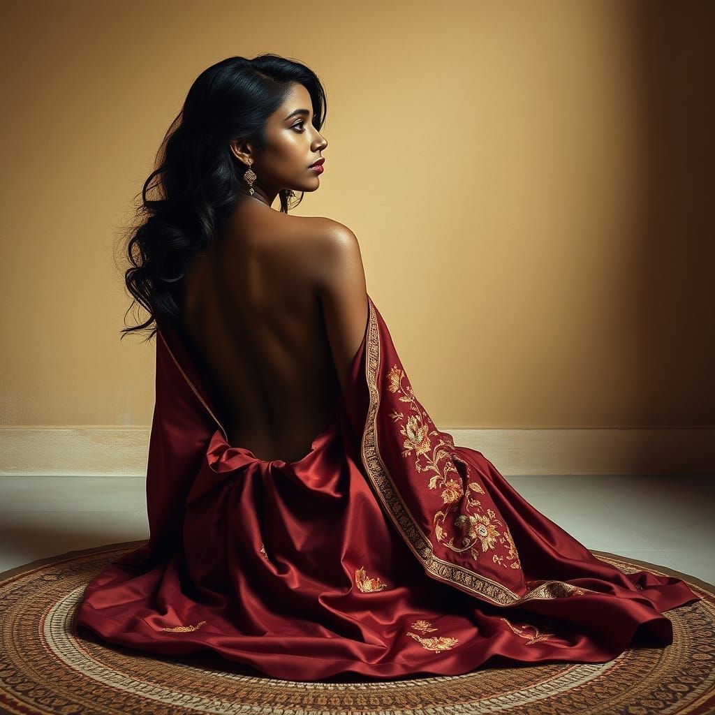 Ethereal Indian Beauty in Burgundy Silk Robe