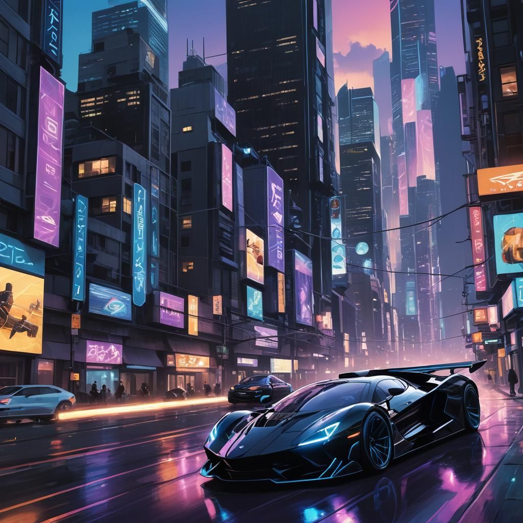 Sleek Supercar Speeds Through Neon Cityscape