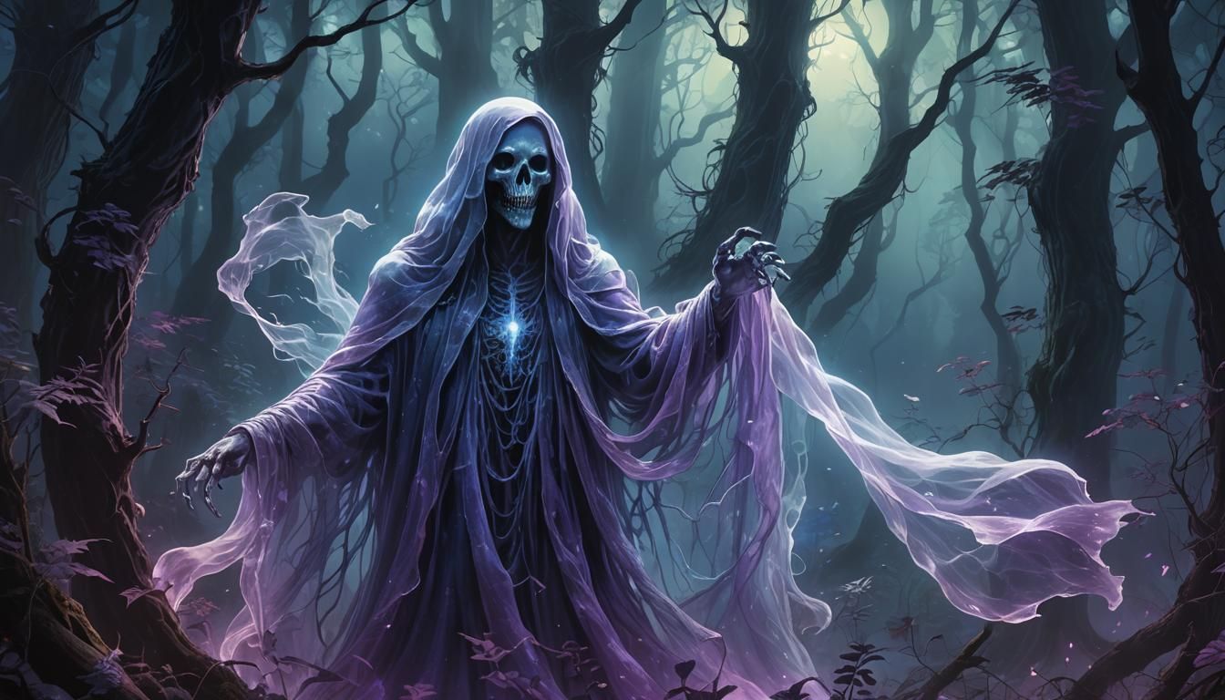 Ethereal Ghost in Mystical Forest: Holographic Mixed Media