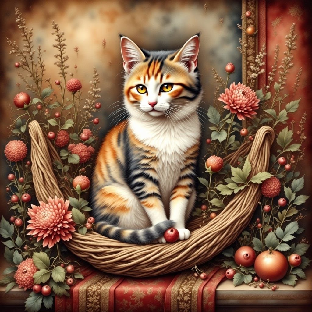 Vintage Cat Portrait in Warm Watercolor Style