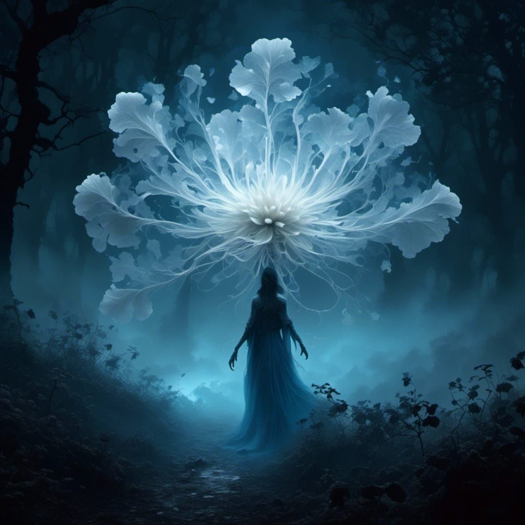 Eerie White Flower Sorceress in Dark Eldritch Woods