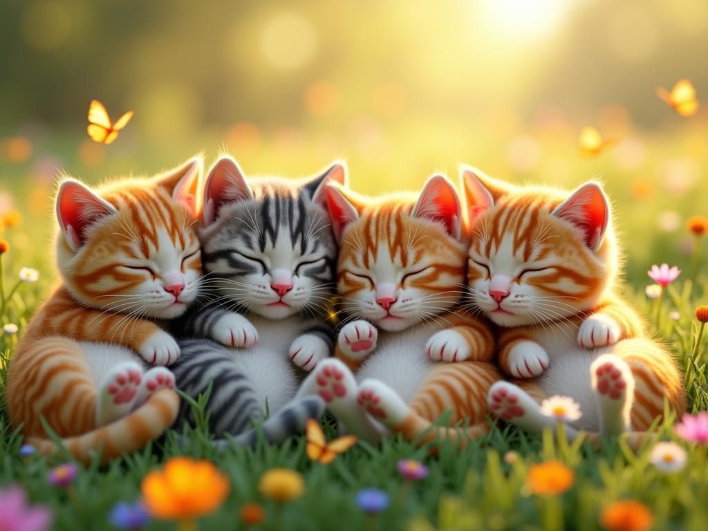 Cats Spelling Purr in Sunny Meadow, 3D Render