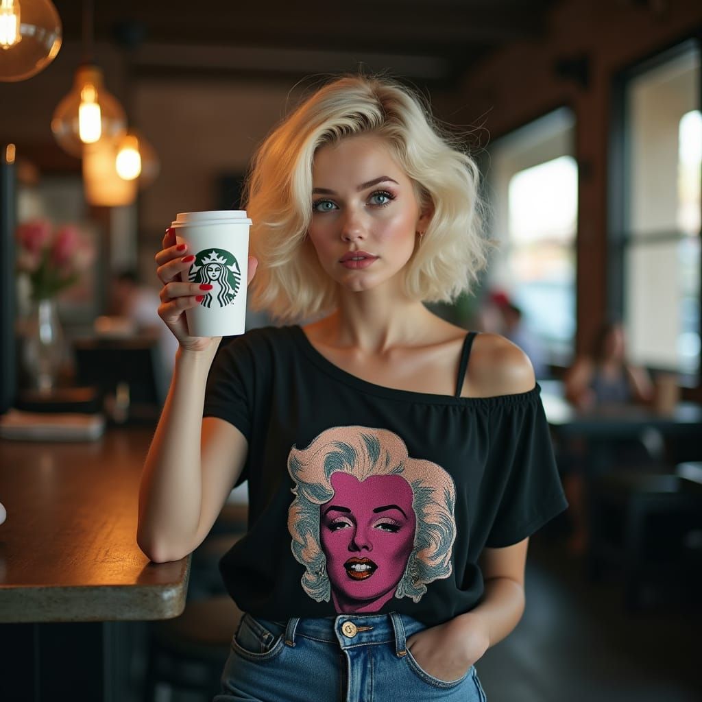 Hyperrealistic Woman in Starbucks Resembling Marilyn Monroe