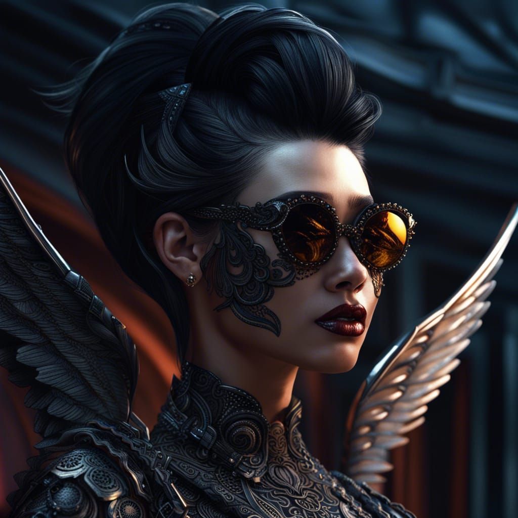 Dark Angel with Sunglasses in Hyperrealistic Style