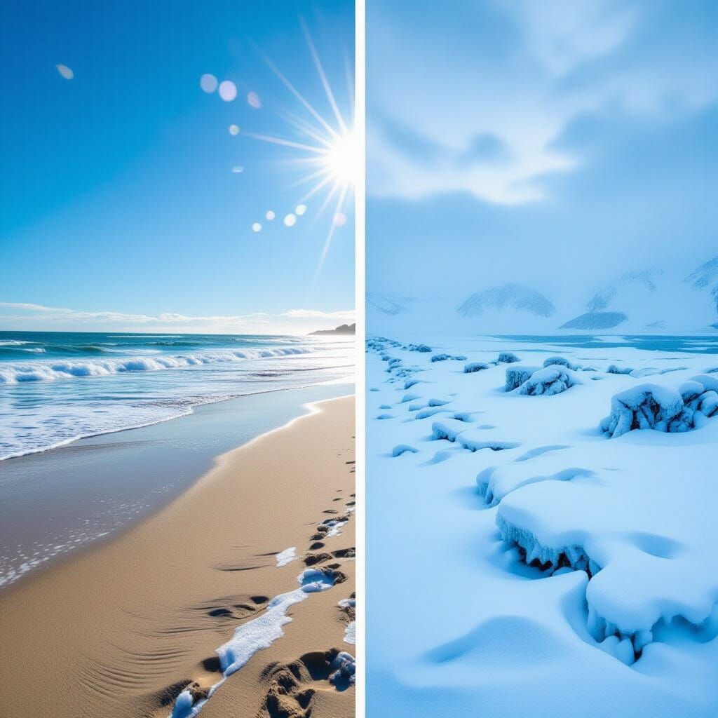 Summer Beach Contrasted with Icy Winter Shoreline