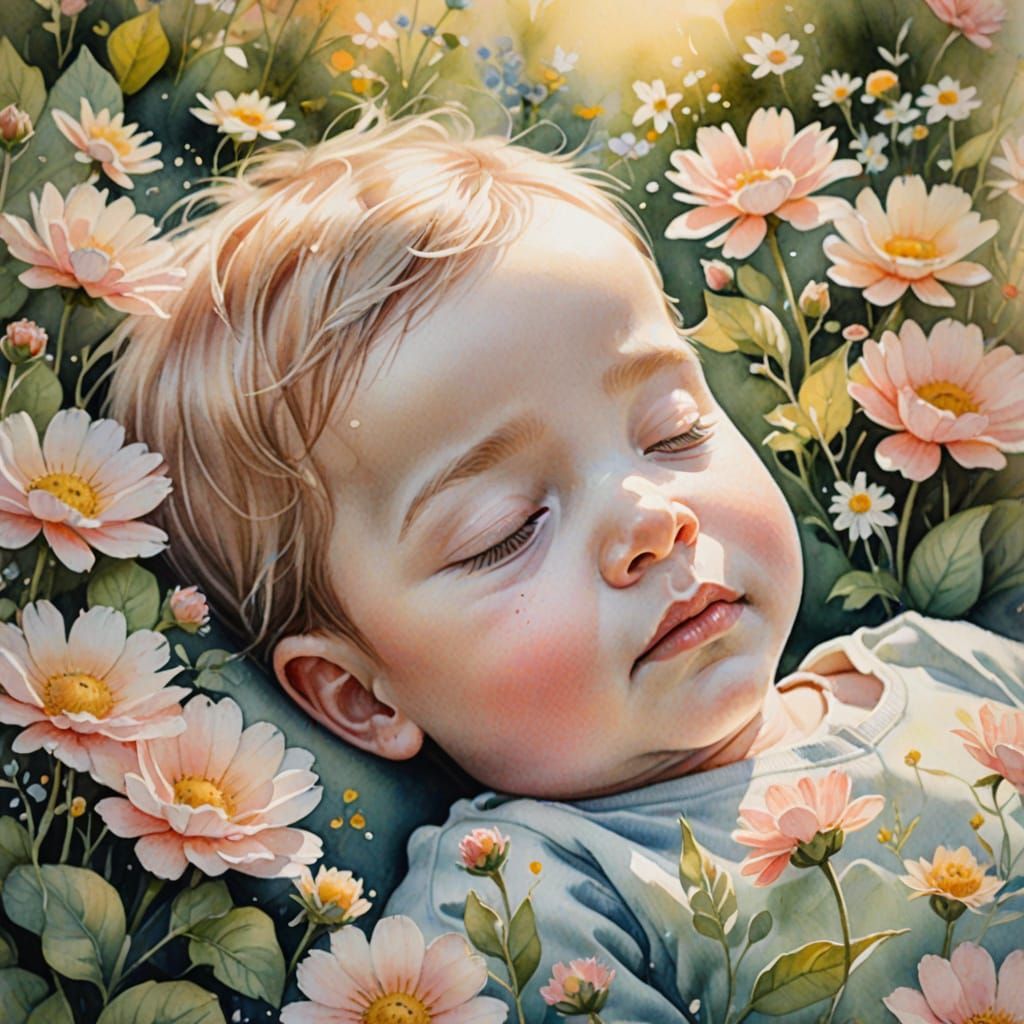 Baby Asleep in Flower Garden Watercolor