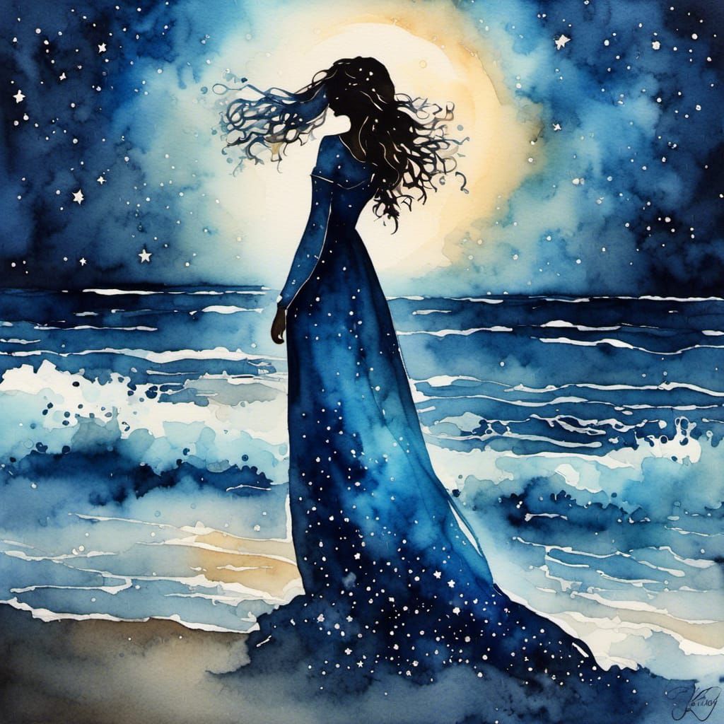 a blue silhouette of a lonely young lady standing on a beach at night wearing a long flowing dress blowing in the wind :...
