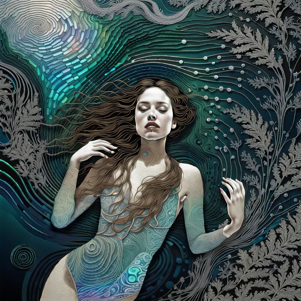 Chip-Art Lithograph: Woman Swimming in Silver Circuits