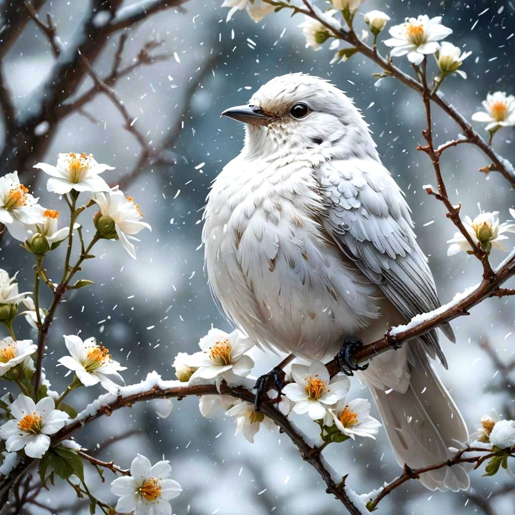 Bioluminescent Bird on Snowy Flower, Detailed Digital Art