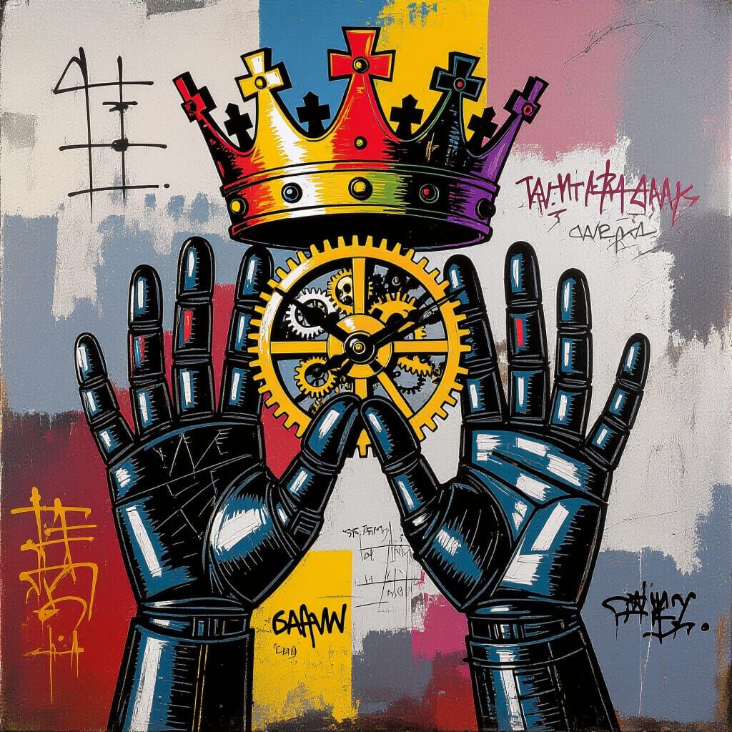Clockwork Hands with Basquiat-Inspired Graffiti Art