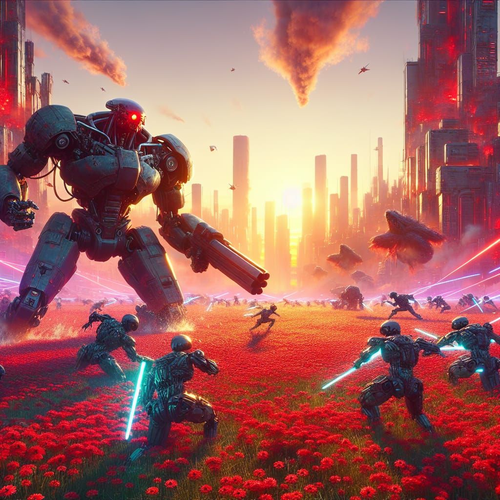 Cyberpunk Robot Battle in a Burning Metropolis