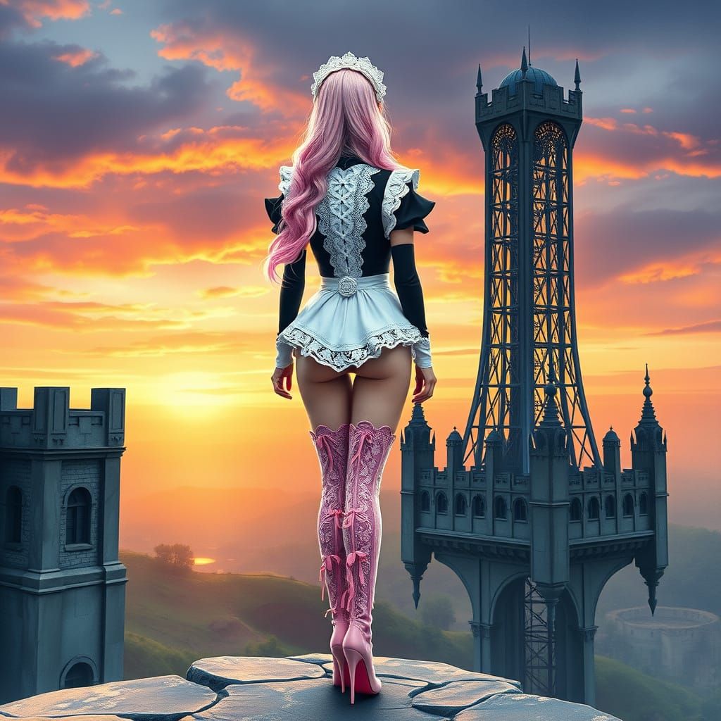 Futuristic Maid Watching Sunset from Tower Top