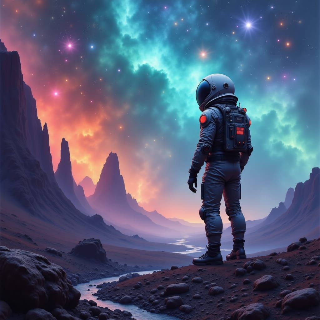 Astronaut Observing Nebula on Alien Planet