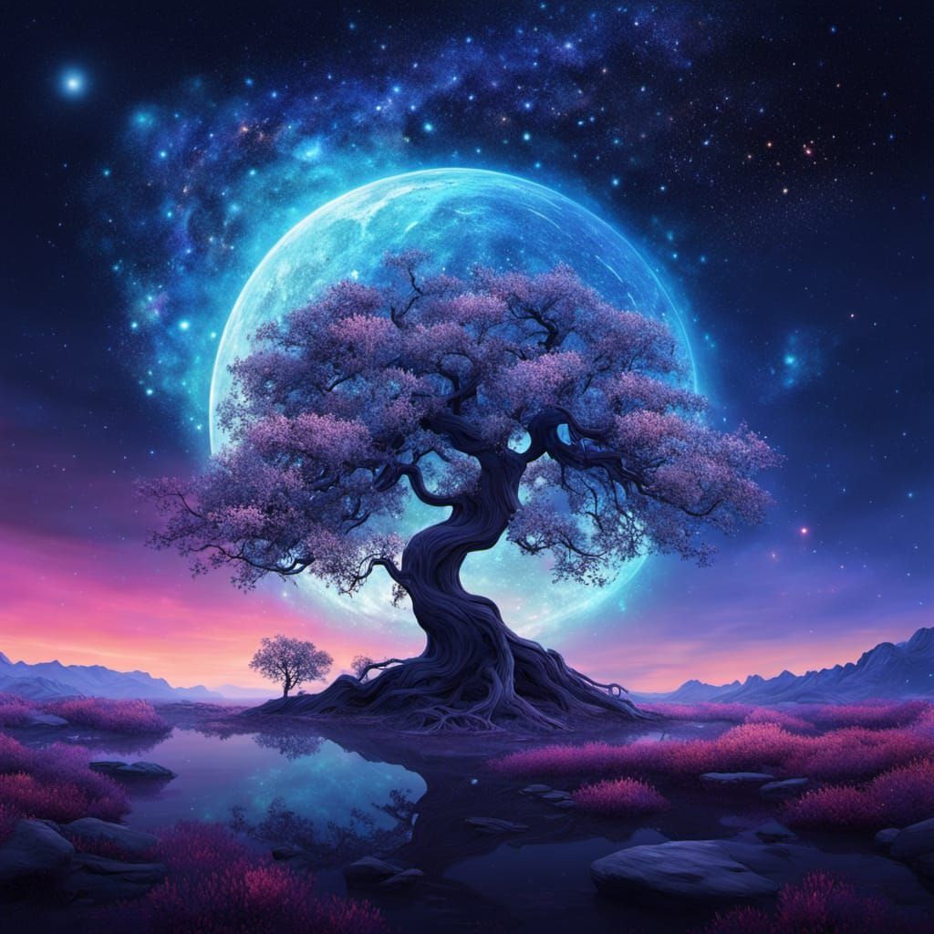 Celestial Willow Tree in Twilight Realm: Dreamlike Digital A...