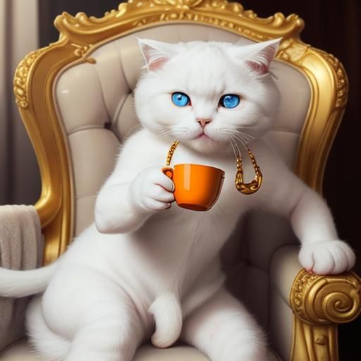 Scottish Fold Cat Drinks Coffee on Golden Chair